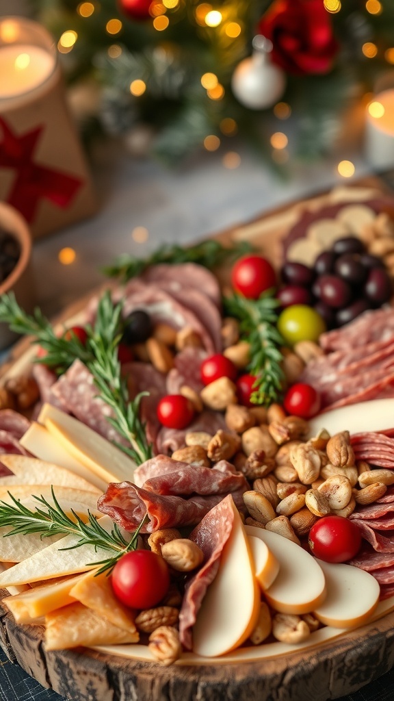 A festive charcuterie board with meats, cheeses, fruits, and nuts, decorated for Christmas.